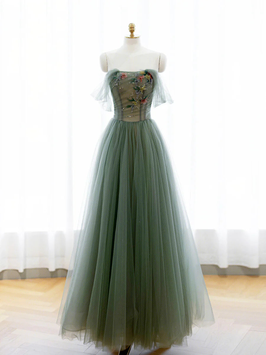 A-Line Green Tulle Long Prom Dress, Off the Shoulder Evening Party Dress nv1601