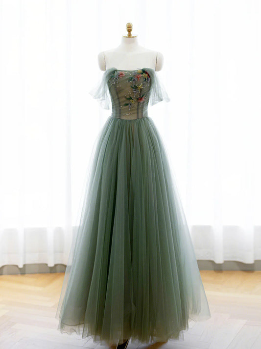 A-Line Green Tulle Long Prom Dress, Off the Shoulder Evening Party Dress nv1601