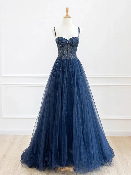 Blue Spaghetti Strap Tulle Sequins Long Prom Dress, Beautiful A-Line Evening Party Dress nv1424