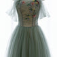 A-Line Green Tulle Long Prom Dress, Off the Shoulder Evening Party Dress nv1601