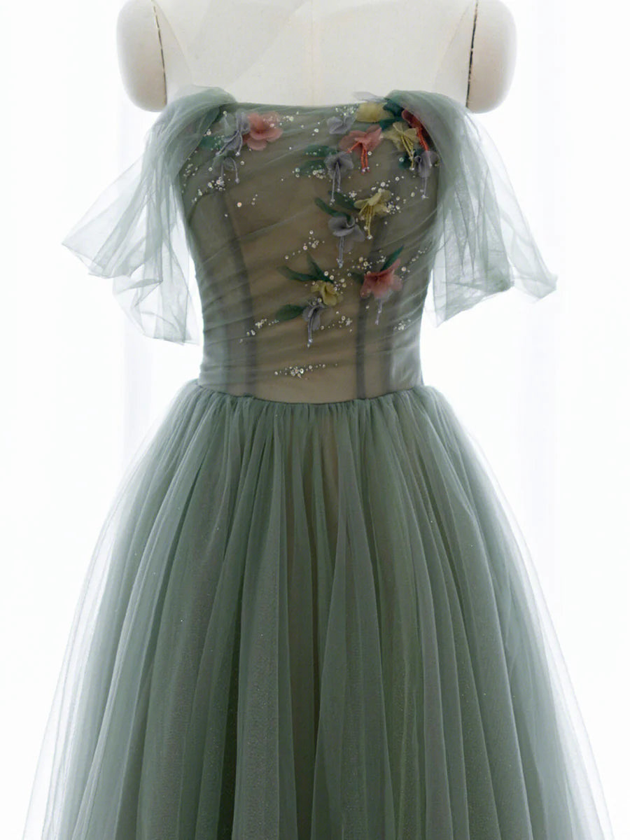 A-Line Green Tulle Long Prom Dress, Off the Shoulder Evening Party Dress nv1601