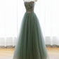 A-Line Green Tulle Long Prom Dress, Off the Shoulder Evening Party Dress nv1601