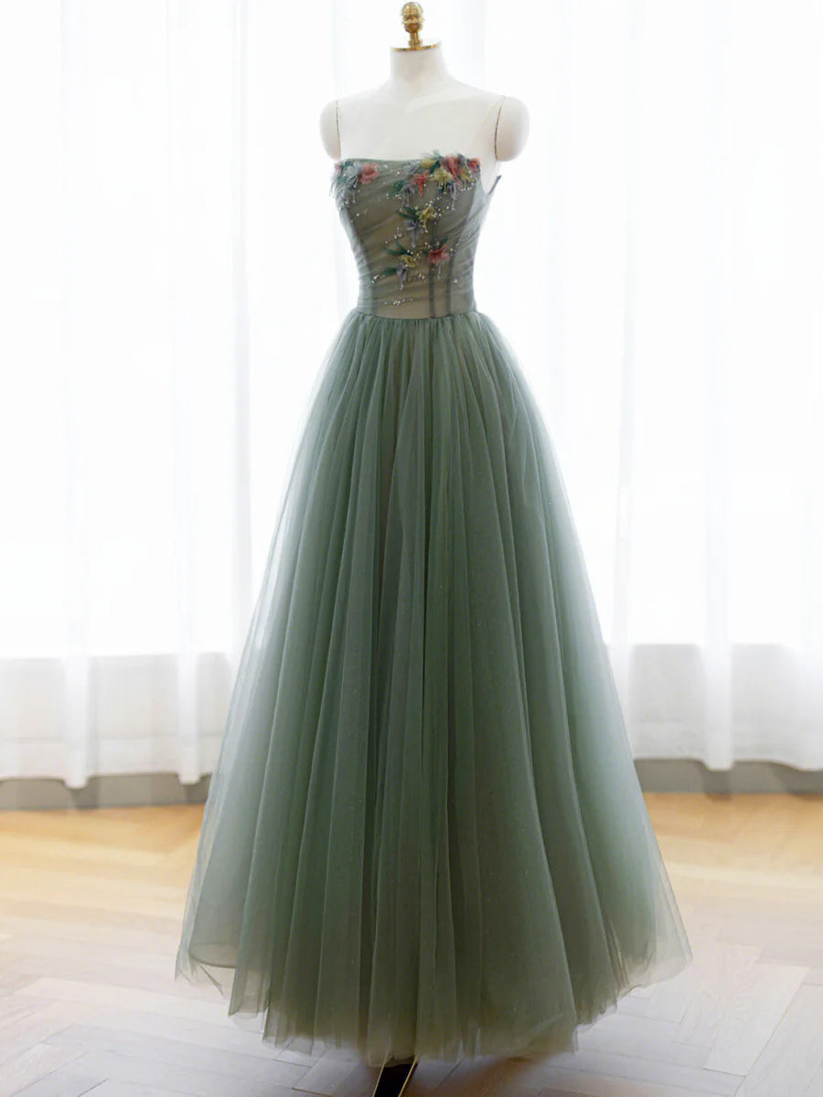 A-Line Green Tulle Long Prom Dress, Off the Shoulder Evening Party Dress nv1601