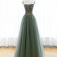 A-Line Green Tulle Long Prom Dress, Off the Shoulder Evening Party Dress nv1601