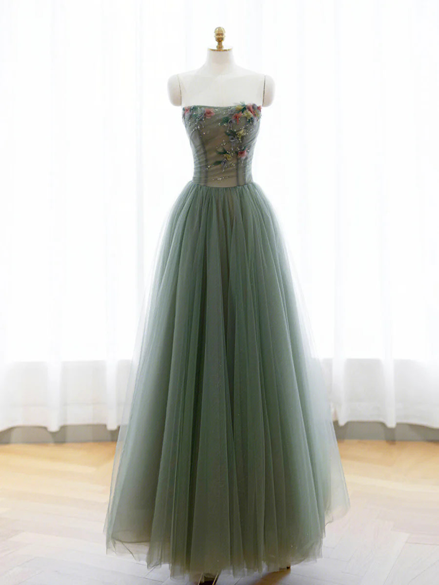 A-Line Green Tulle Long Prom Dress, Off the Shoulder Evening Party Dress nv1601