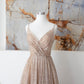 Champagne Spaghetti Strap Sequins Long Prom Dress, Shiny V-Neck Evening Dress nv1434