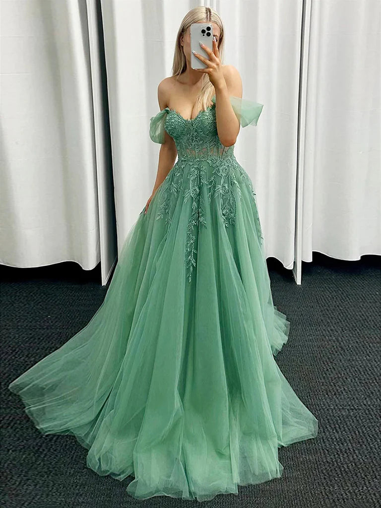 A-Line Off Shoulder Tulle Green Long Prom Dress, Green Lace Long Formal Dress nv1490