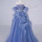 Blue Tulle Beaded Long Prom Dress, Blue A-Line Evening Party Dress nv1540