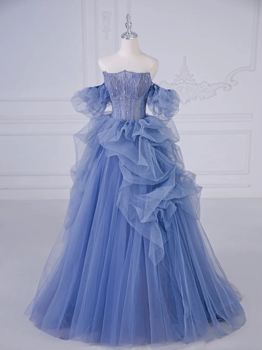 Blue Tulle Beaded Long Prom Dress, Blue A-Line Evening Party Dress nv1540