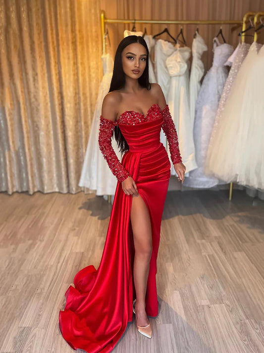 Red Sheath Sweetheart Sequins Prom Dress, Long Sleeves Red Formal Dress nv1438