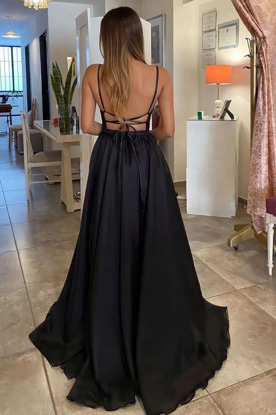 Black Chiffon Beaded Long Prom Dress, V-Neck Backless Evening Party Dress nv1445