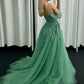 A-Line Off Shoulder Tulle Green Long Prom Dress, Green Lace Long Formal Dress nv1490