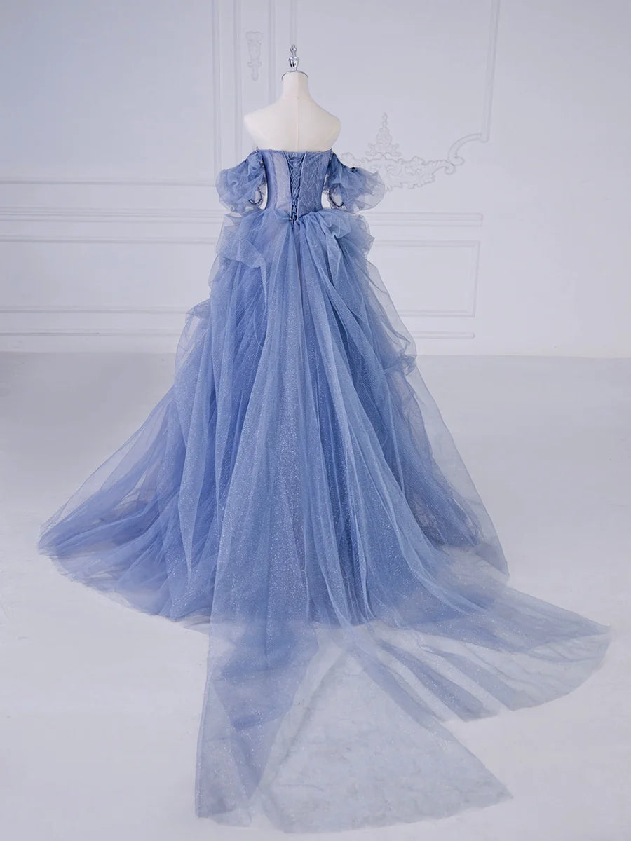 Blue Tulle Beaded Long Prom Dress, Blue A-Line Evening Party Dress nv1540