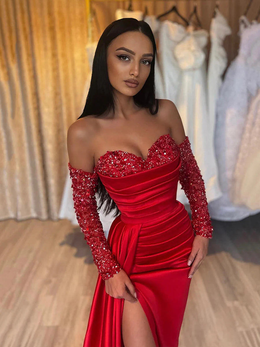 Red Sheath Sweetheart Sequins Prom Dress, Long Sleeves Red Formal Dress nv1438