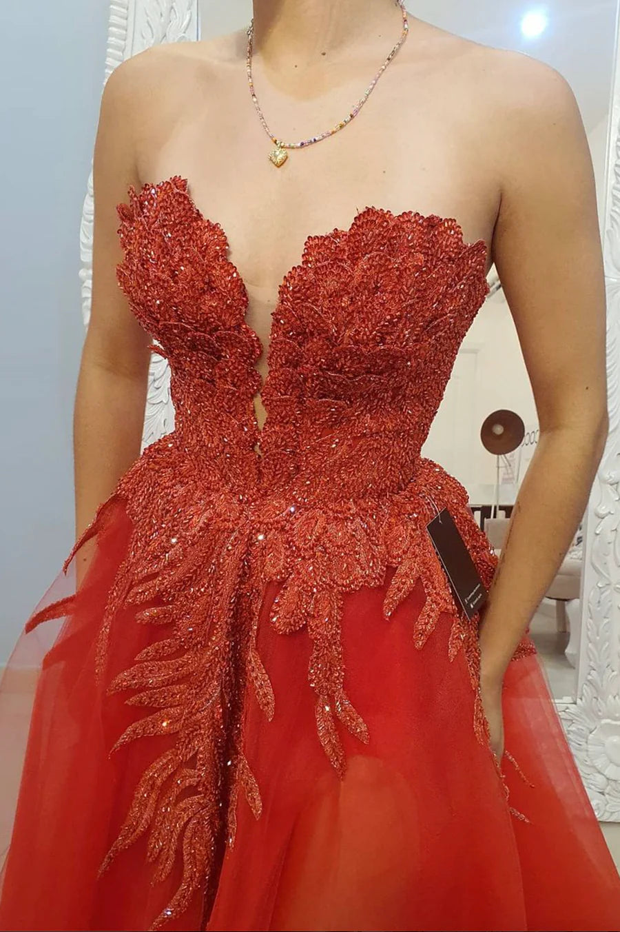 Red Strapless Lace Beading Long Prom Dresses, Red Evening Dresses nv1459