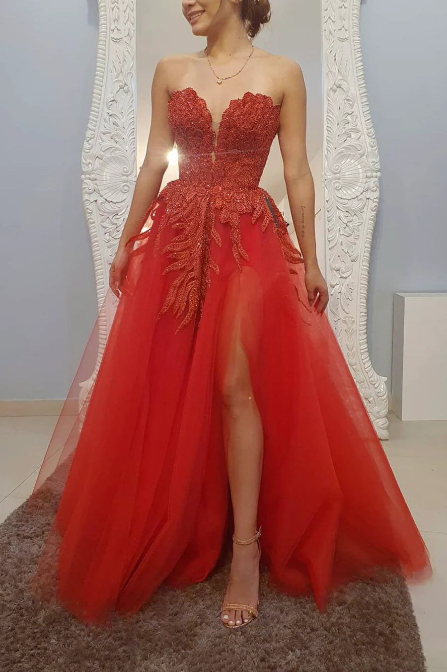 Red Strapless Lace Beading Long Prom Dresses, Red Evening Dresses nv1459