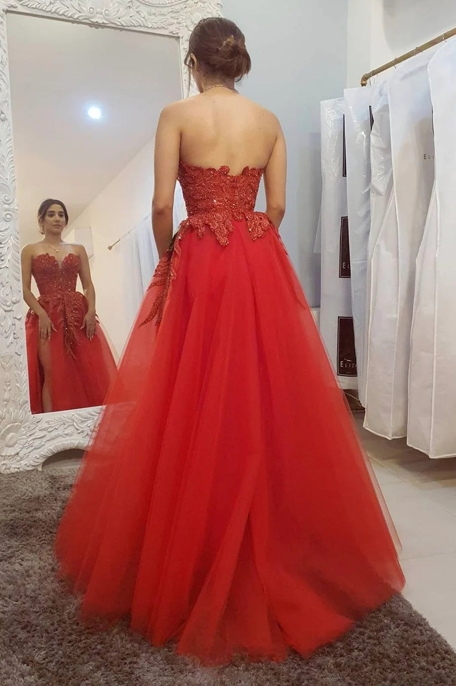 Red Strapless Lace Beading Long Prom Dresses, Red Evening Dresses nv1459