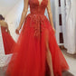 Red Strapless Lace Beading Long Prom Dresses, Red Evening Dresses nv1459