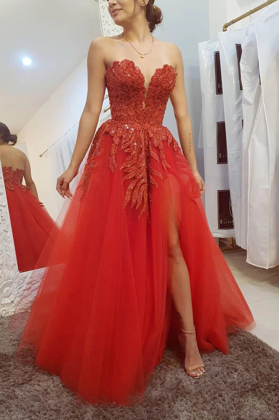 Red Strapless Lace Beading Long Prom Dresses, Red Evening Dresses nv1459