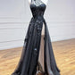 Black Tulle Lace Long Prom Dress, One Shoulder Evening Dress with Slit nv1588