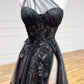 Black Tulle Lace Long Prom Dress, One Shoulder Evening Dress with Slit nv1588