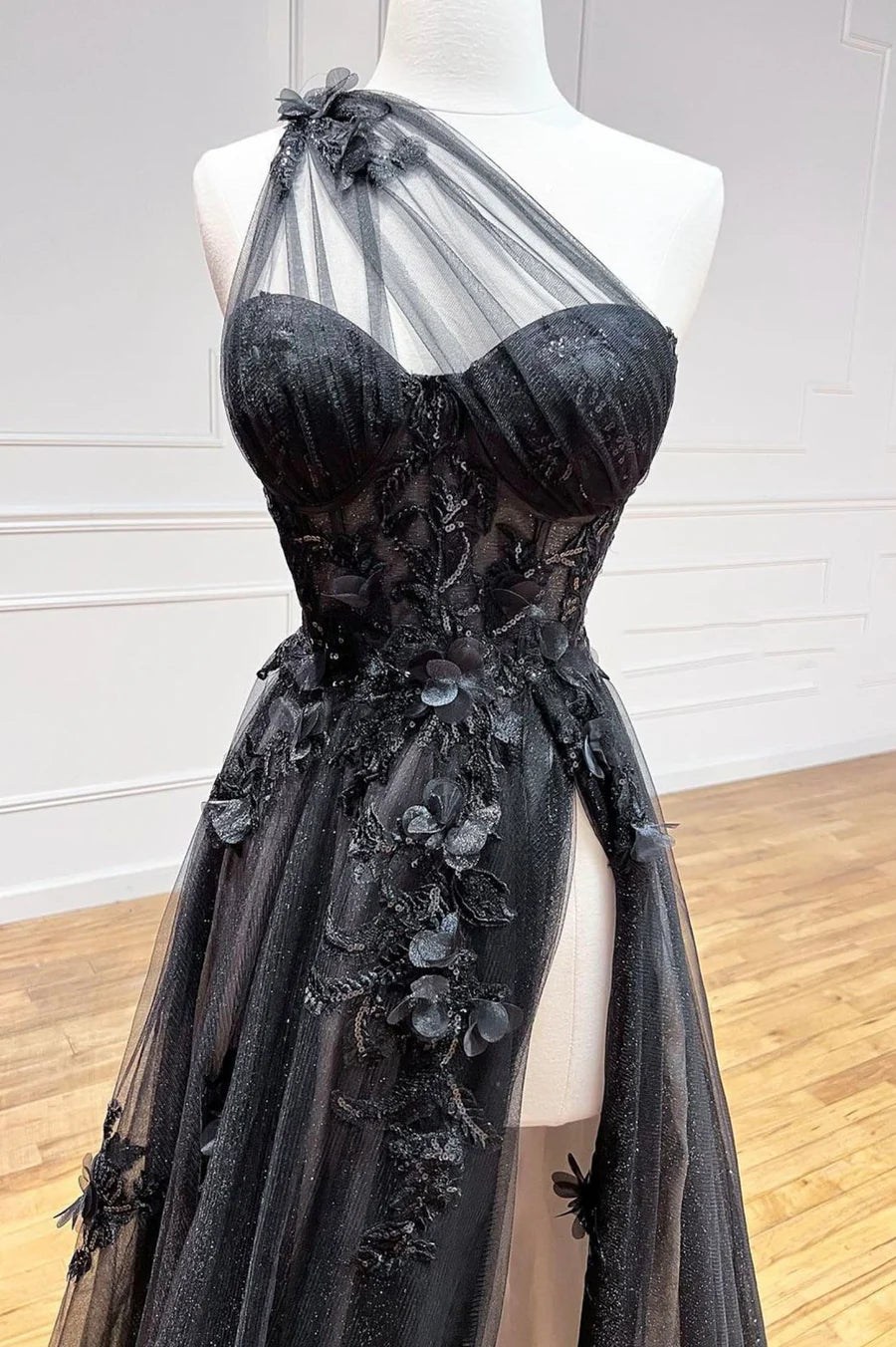 Black Tulle Lace Long Prom Dress, One Shoulder Evening Dress with Slit nv1588