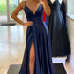 Simple V-Neck Satin Long Prom Dresses, Evening Dress with Slit nv1454