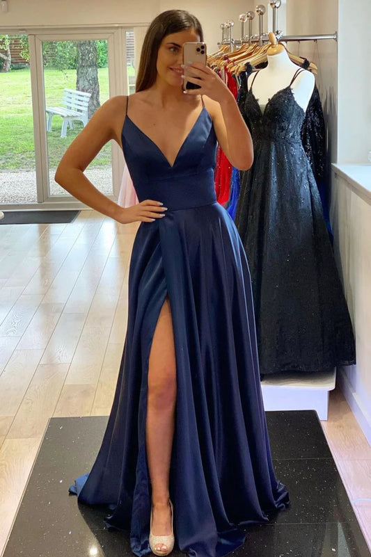 Simple V-Neck Satin Long Prom Dresses, Evening Dress with Slit nv1454