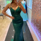 Green V-Neck Satin Lace Long Prom Dresses, Mermaid Evening Dresses nv1564