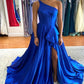 Blue Satin Long Prom Dresses, One Shoulder Evening Dresses nv1458