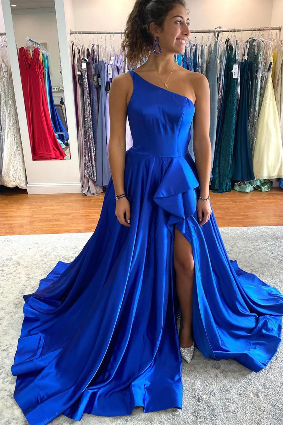 Blue Satin Long Prom Dresses, One Shoulder Evening Dresses nv1458