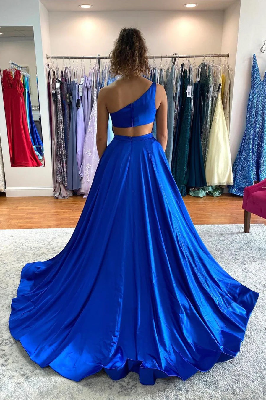 Blue Satin Long Prom Dresses, One Shoulder Evening Dresses nv1458