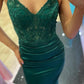 Green V-Neck Satin Lace Long Prom Dresses, Mermaid Evening Dresses nv1564