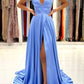 Simple V-Neck Satin Long Prom Dress, A-Line Evening Dress with Slit nv1562