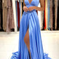 Simple V-Neck Satin Long Prom Dress, A-Line Evening Dress with Slit nv1562