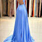 Simple V-Neck Satin Long Prom Dress, A-Line Evening Dress with Slit nv1562