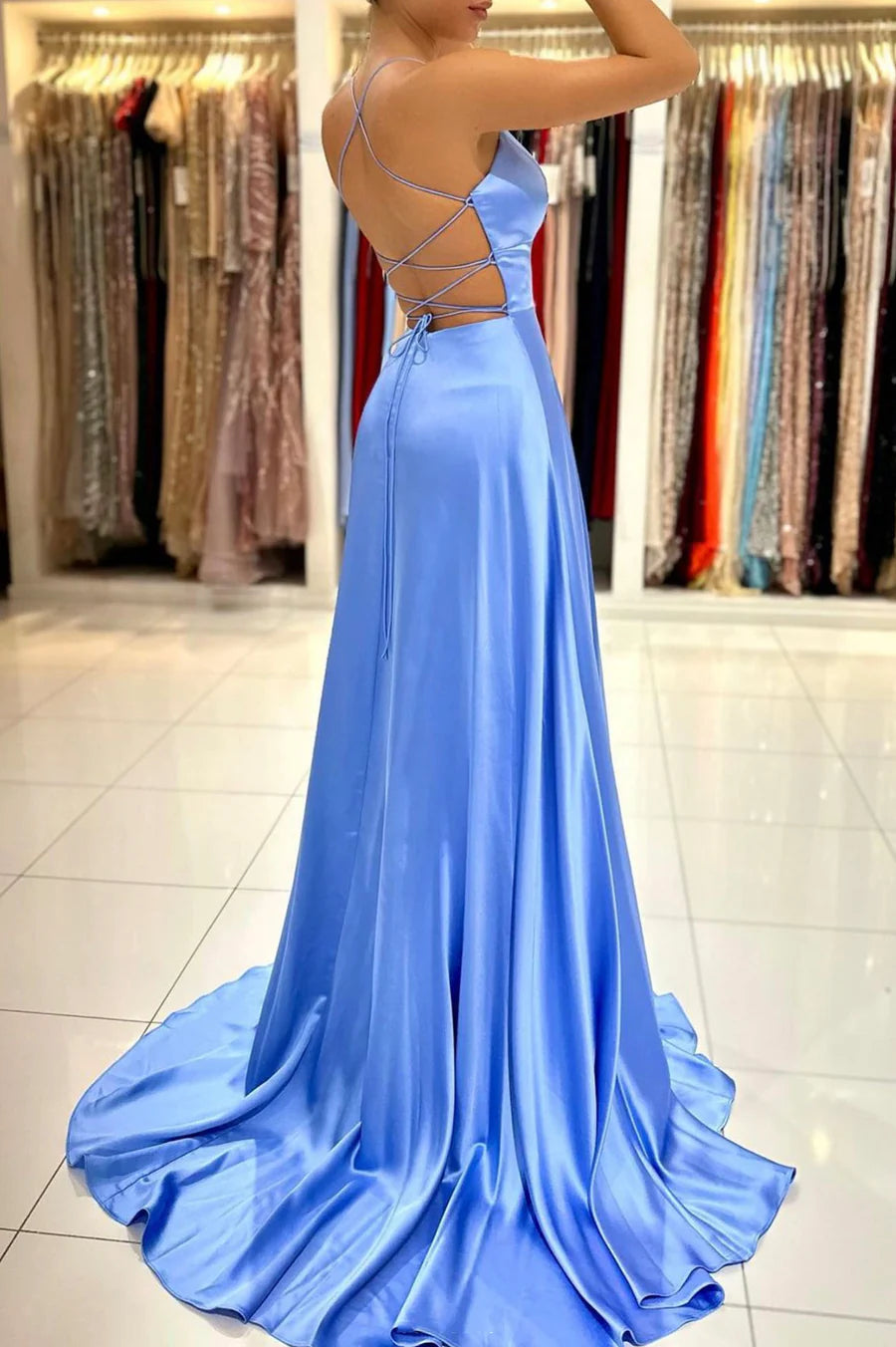 Simple V-Neck Satin Long Prom Dress, A-Line Evening Dress with Slit nv1562