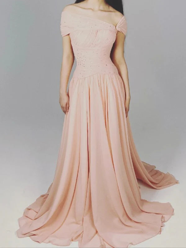 Robe de soirée longue élégante en tulle rose avec perles nv2954