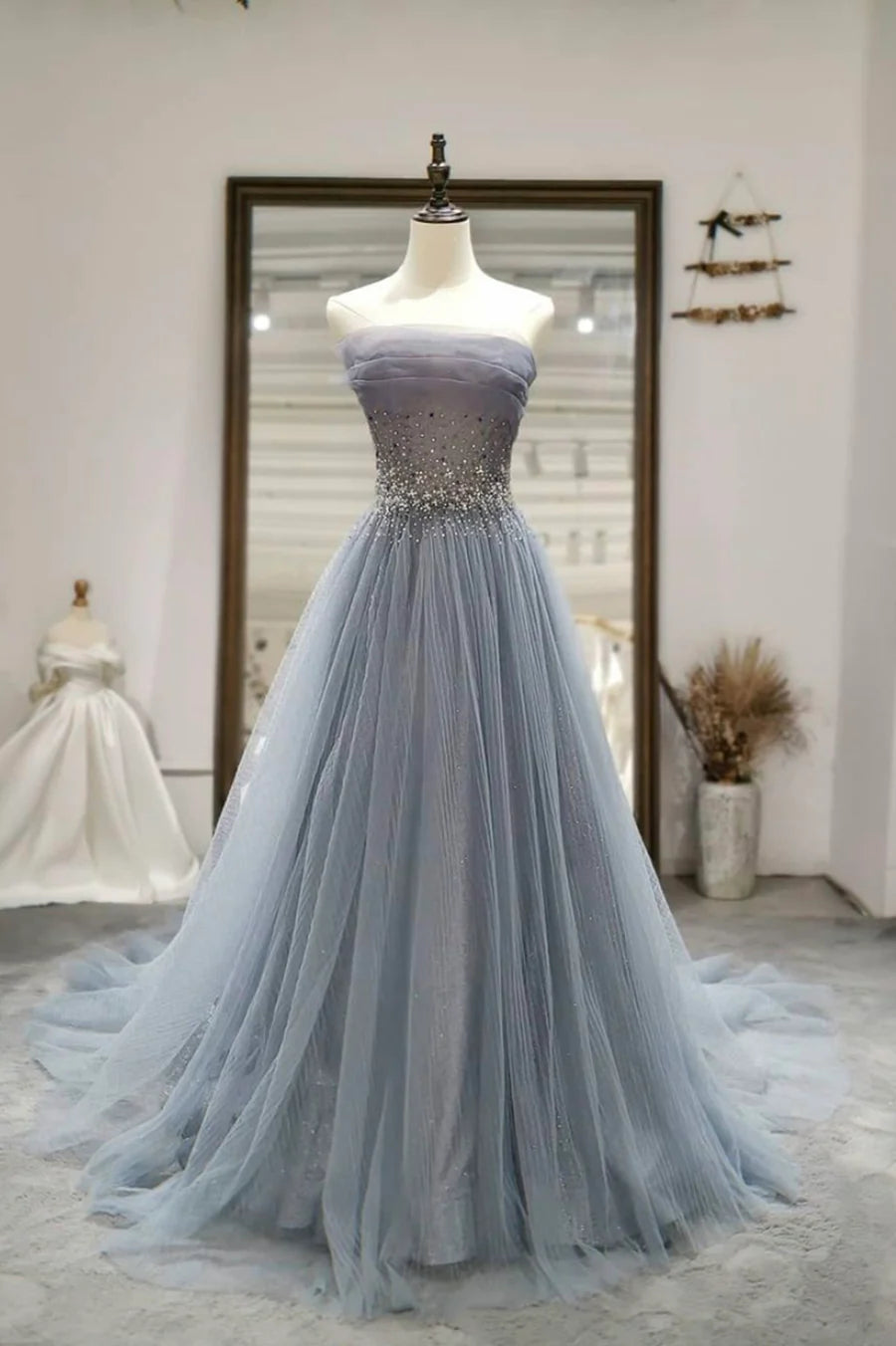 Gray Tulle Beading Long Prom Dresses, A-Line Strapless Evening Dresses nv1578