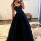 Navy Blue Dotted Tulle A Line Prom Dresses, A-Line Sweetheart Neckline Bow Tie Shoulder Evening Dresses nv1423