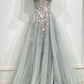 Gray Strapless Lace Long A Line Prom Gown, Graduation Dress nv1576