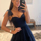 Navy Blue Dotted Tulle A Line Prom Dresses, A-Line Sweetheart Neckline Bow Tie Shoulder Evening Dresses nv1423