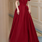 Burgundy short sleeve sweetheart neckline elegant A-line long satin ball gown evening dress nv3211