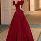 Burgundy short sleeve sweetheart neckline elegant A-line long satin ball gown evening dress nv3211