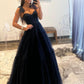 Navy Blue Dotted Tulle A Line Prom Dresses, A-Line Sweetheart Neckline Bow Tie Shoulder Evening Dresses nv1423