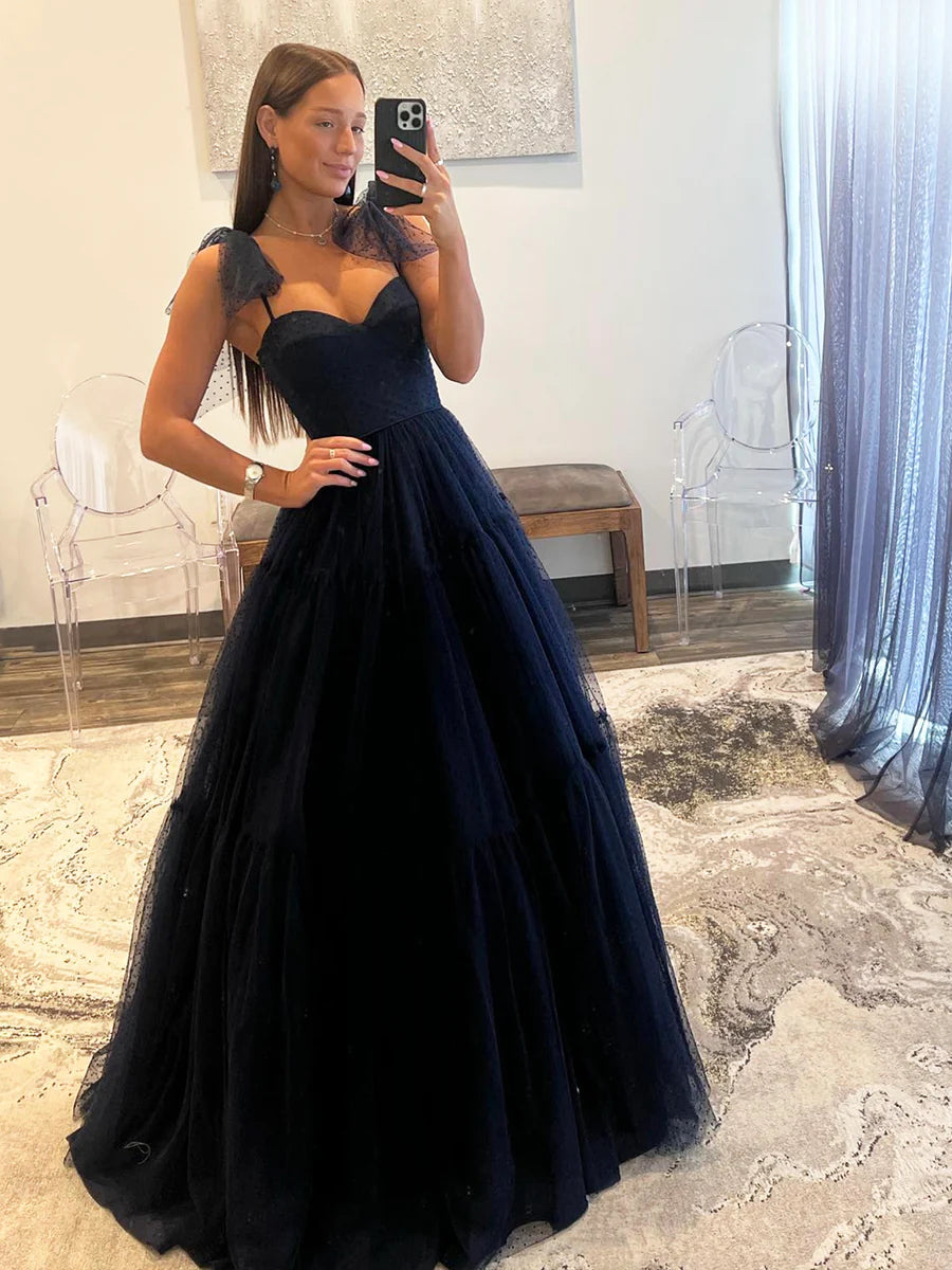 Navy Blue Dotted Tulle A Line Prom Dresses, A-Line Sweetheart Neckline Bow Tie Shoulder Evening Dresses nv1423