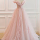 Pink Tulle Long Prom Dresses, A-Line Graduation Dresses nv1457