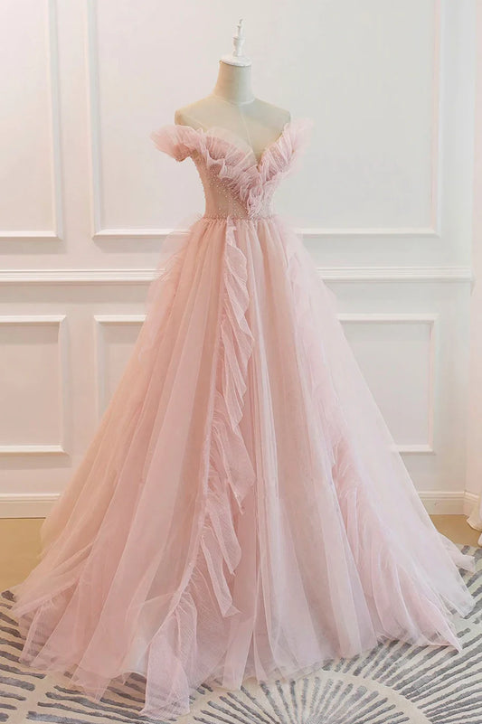 Pink Tulle Long Prom Dresses, A-Line Graduation Dresses nv1457