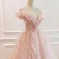 Pink Tulle Long Prom Dresses, A-Line Graduation Dresses nv1457