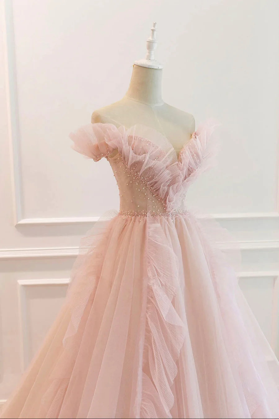 Pink Tulle Long Prom Dresses, A-Line Graduation Dresses nv1457